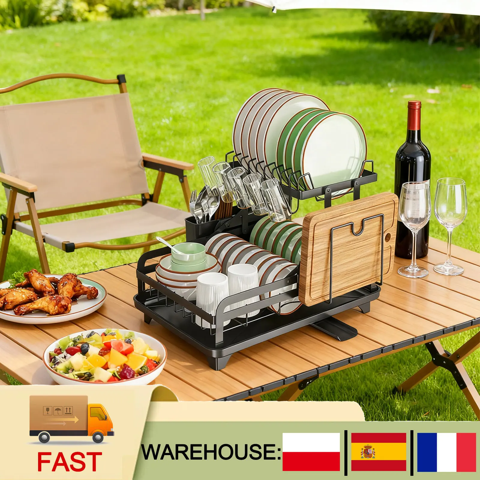 Égouttoir à vaisselle en métal à 2 niveaux avec plateau de drainage, organisateur de rangement robuste pour comptoir de cuisine, égouttoir à vaisselle à double compartiment pour la cuisine