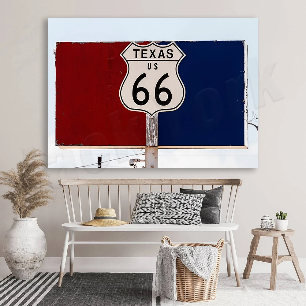 Sign on old US Route 66 in Texas, classic American highway poster, house entrance decoration, American road trip stop decoration