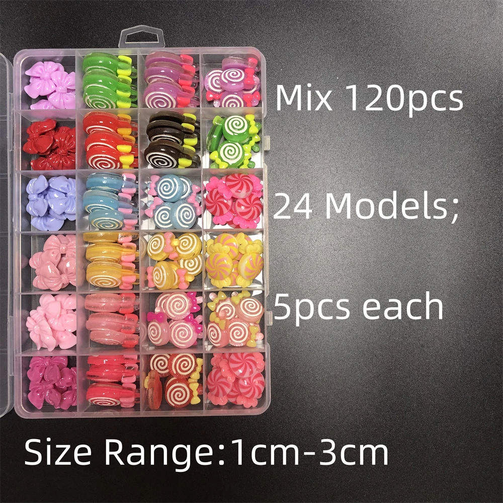 

New 24 Grids 120pcs Resin Jewelry Accessories Set Lollipop Tie Mini Wings Small Claws Diy Phone Case Computer Desk Decorations