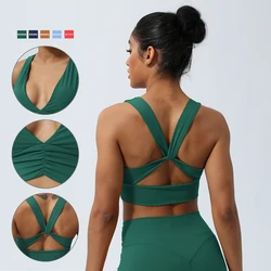 Women Yoga Bra Cross Back Fitness Crop Top High Support Fold Design Gym Running Workout Underwear