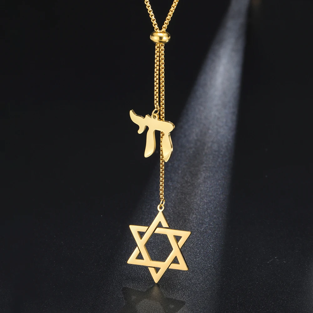 Dawapara Davidstern und jüdischer hebräischer Chai-Anhänger, lange Halskette, Pulloverkette, Hexagramm, Judentum, Edelstahlschmuck – Detail 18