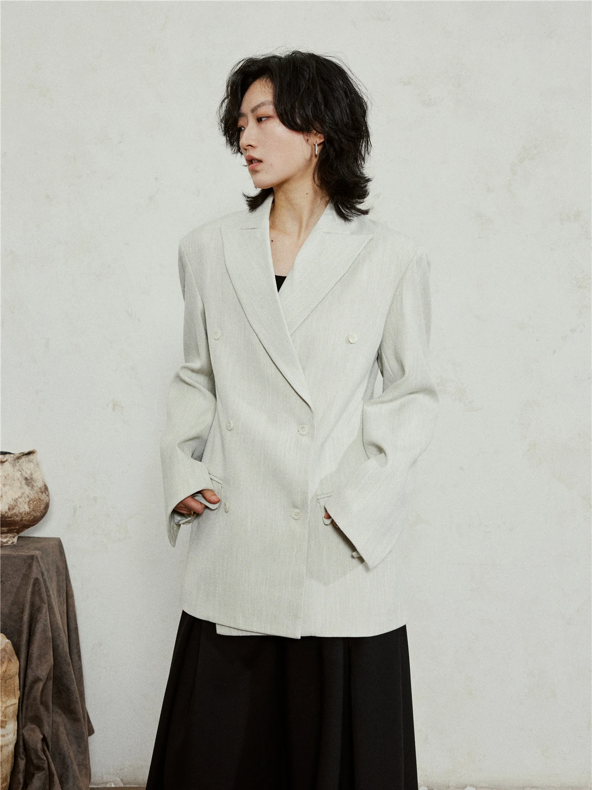 Sunyvonne Classic Retro Double-Breasted Suit Jacket Waist-Cinched  Outerwear Elegant Long-Sleeve Polyester Fibre Coat