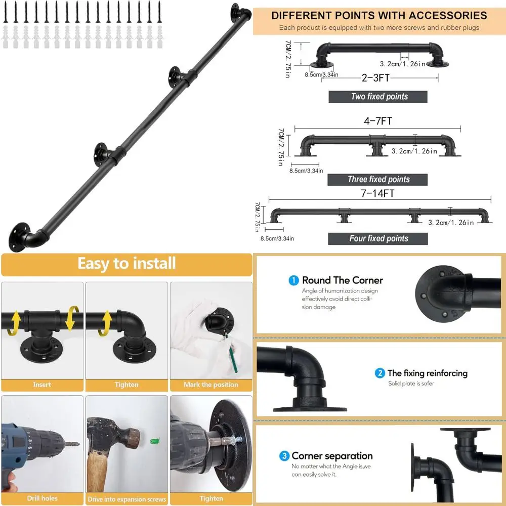 

Indoor Outdoor Black Galvanized Metal Handrail for 8FT Staircases - Industrial Strength Iron Railing for Safety and Style