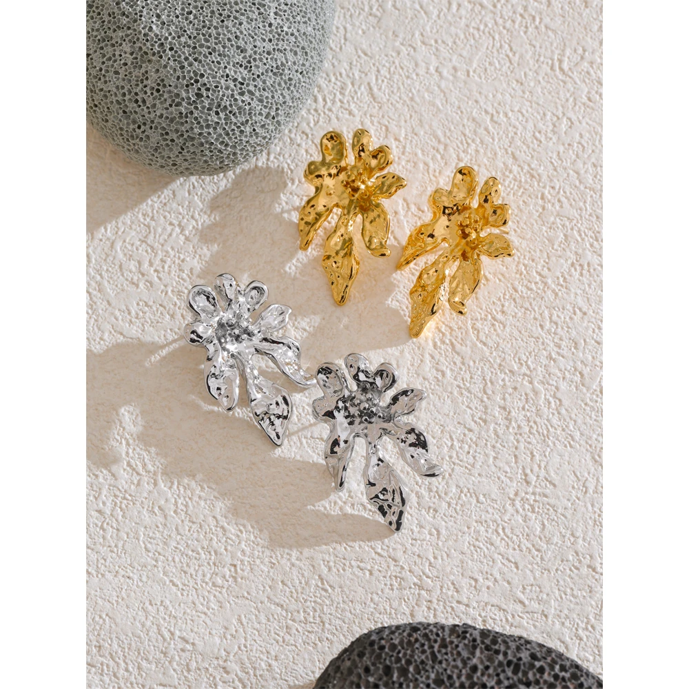 Yhpup Stainless Steel Metal Hammer Trendy Flower Big Stud Earrings for Women Gold Silver Color 18K PVD Plated Charm Jewelry