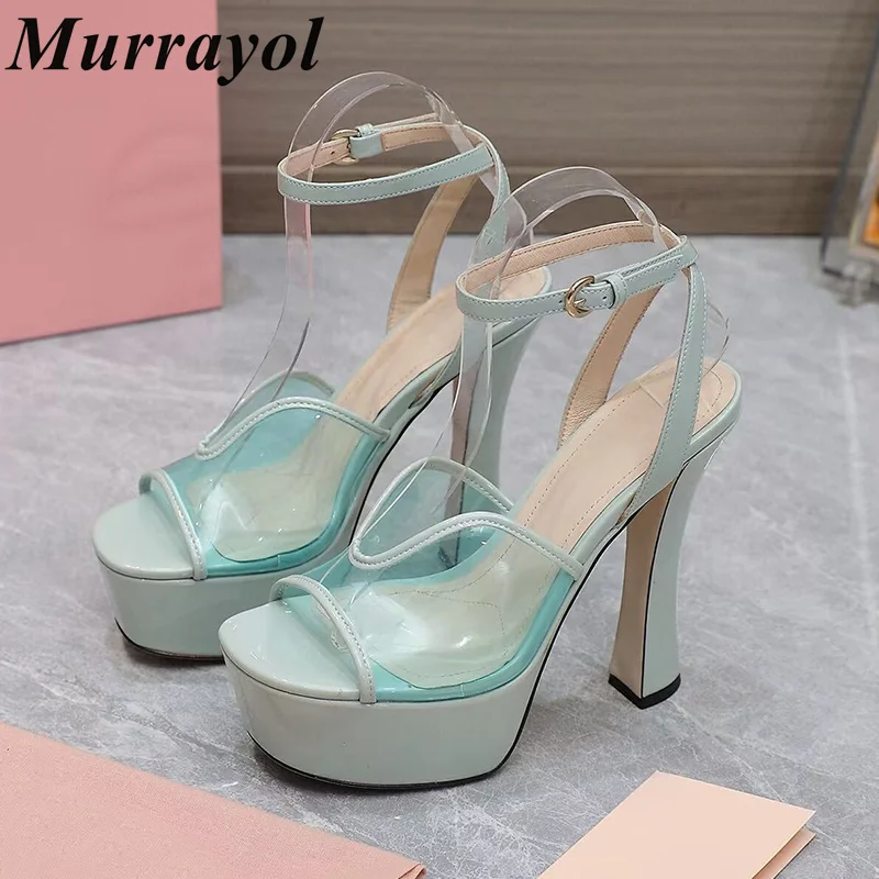 

Open Toe PVC Transparent Thin Heels Sandals Women One Strap Waterproof Platform Sandalias Summer Party Dress Shoes Pumps