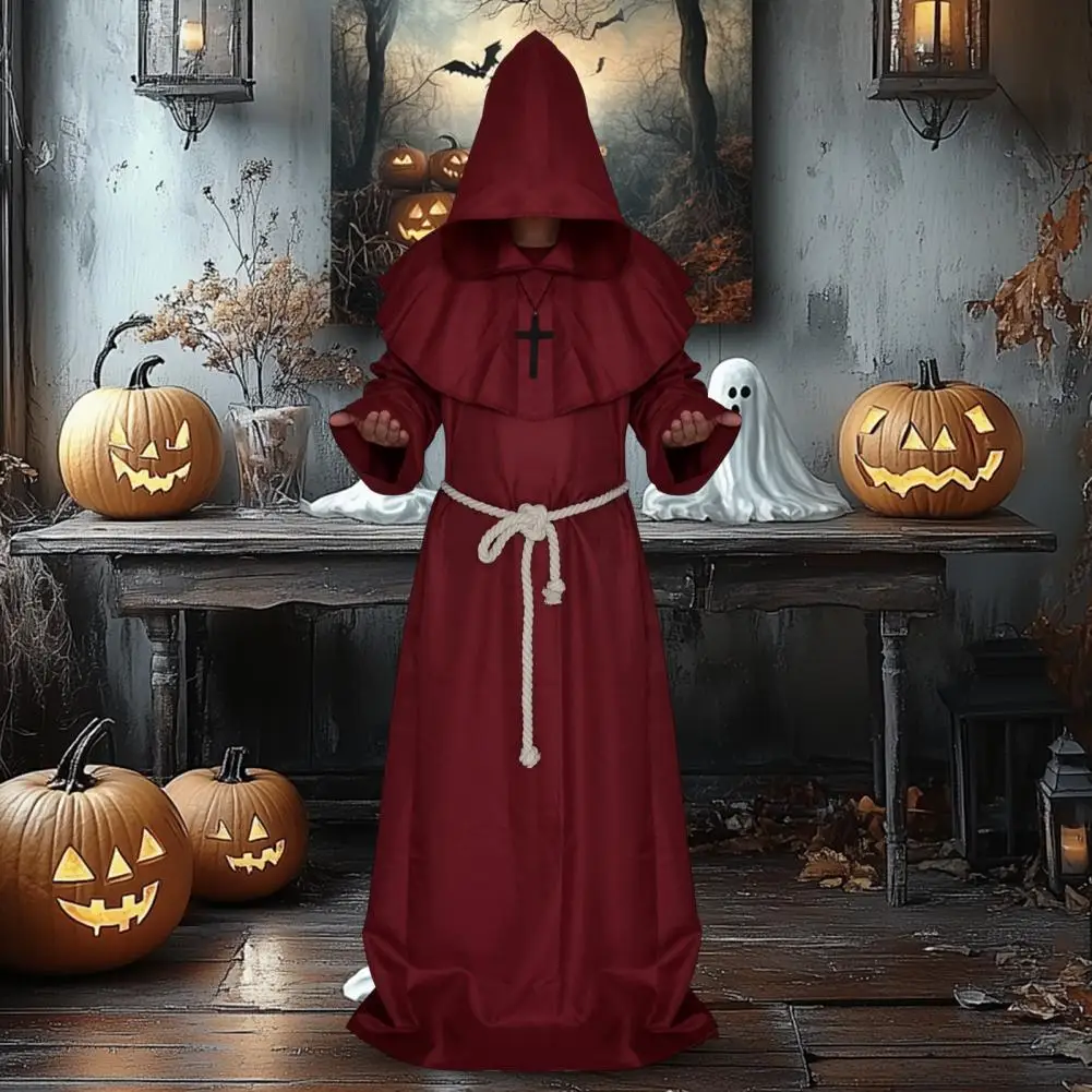 Priest Cloak Friar Medieval Hooded Robe Monk Renaissance Priest Costume Halloween Wizard Sorcerer Cosplay Cloak for Adults