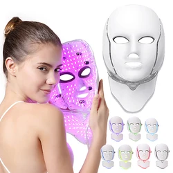 Máquina de belleza de máscara LED, luz de 7 colores con cuello, rejuvenecimiento de la piel, blanqueamiento, antiacné, estiramiento facial, masajeador firme, cuidado de la piel