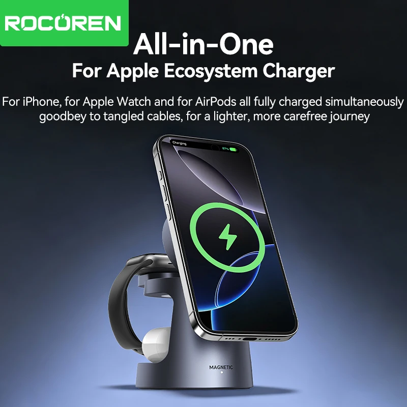 Rocoren 25W QI2.2 Mac Safe Charger Wireless Charging Stand 3 In 1 Porable Charge Charger Phone Holder for iPhone 17 16 Pro Max