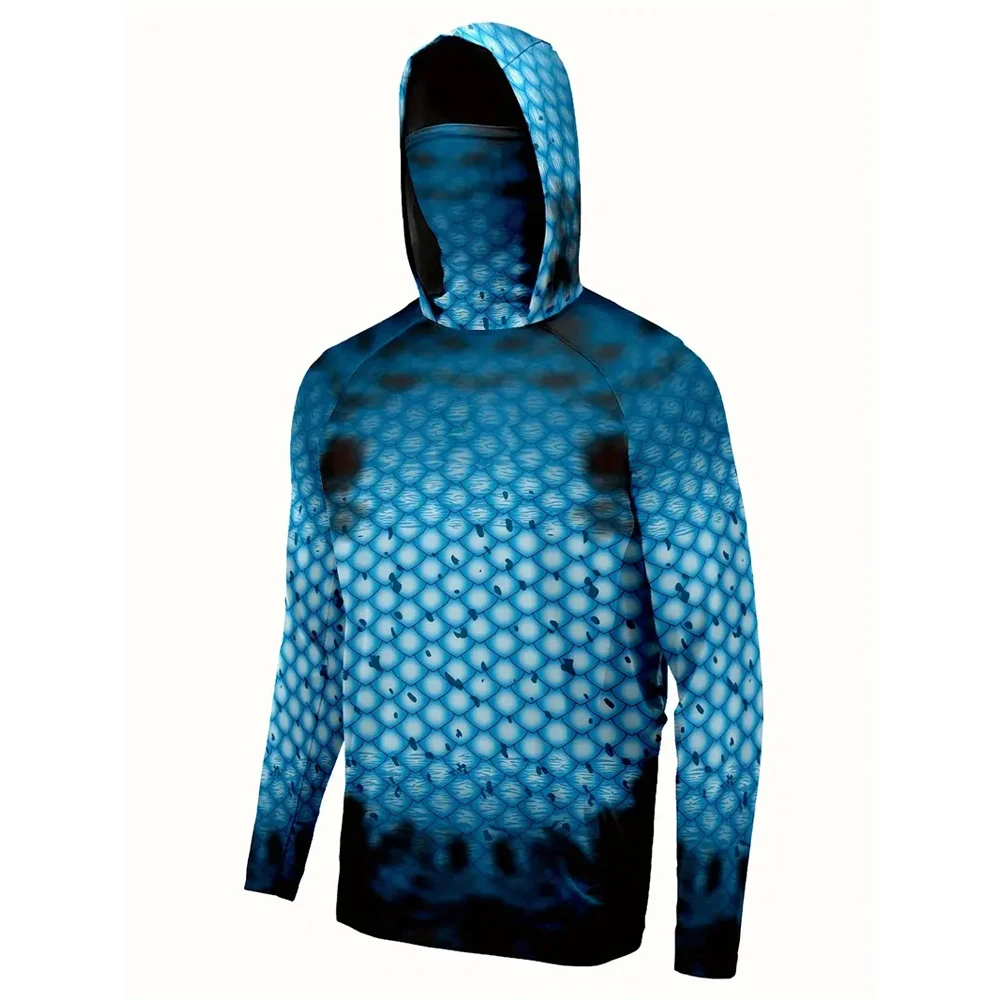 Men's Fish Scale Camouflage Hooded Fishing Shirt, UV Resistant Quick Drying Long Sleeved Top, Saltwater Rowing Outdoor Sports