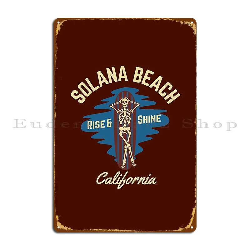 Vintage Style Solana Beach California Beige Text Skeleton Surf Beach Metal Signs Club Bar Character Living Room Tin Sign Poster