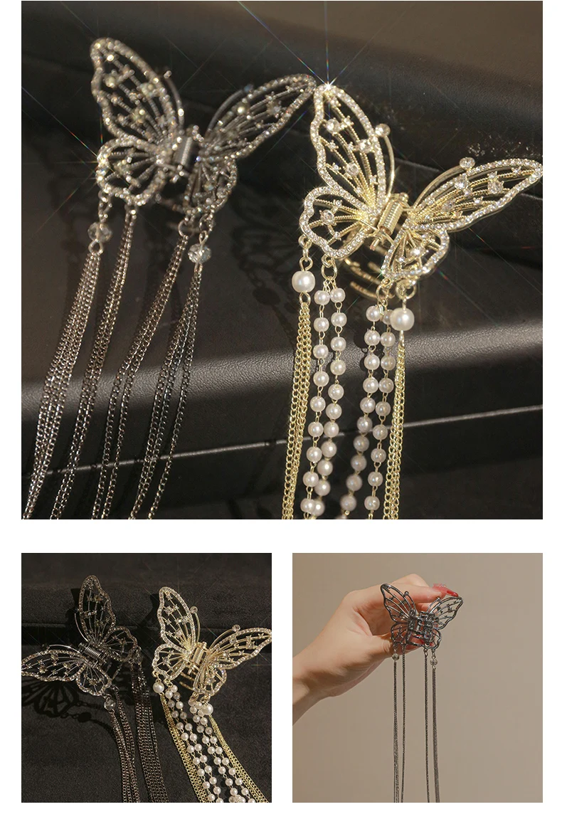 Full Diamond Hair Grip Hollow Butterfly Tassel Hair Clip Fashion Hair Grip Clip Sense Shark Clip Headdress Jewelry Accessories