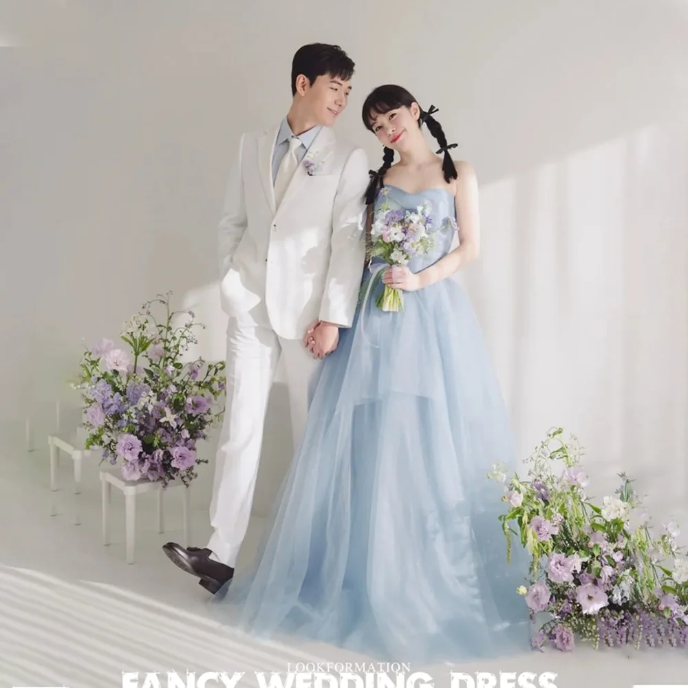 Fancy Fairy Blue Sweetheart Princess Wedding Dress Sleeveless A Line Tulle Bridal Gown Floor Length 웨딩드레스 Back Corset