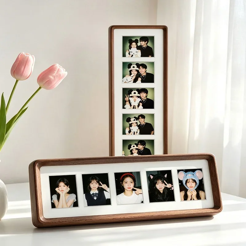 Rounded Corner Solid Wood Collage Photo Frame Multi‑Slots Long Picture Frame Walnut Wood Desktop Photo Display Home Ornament
