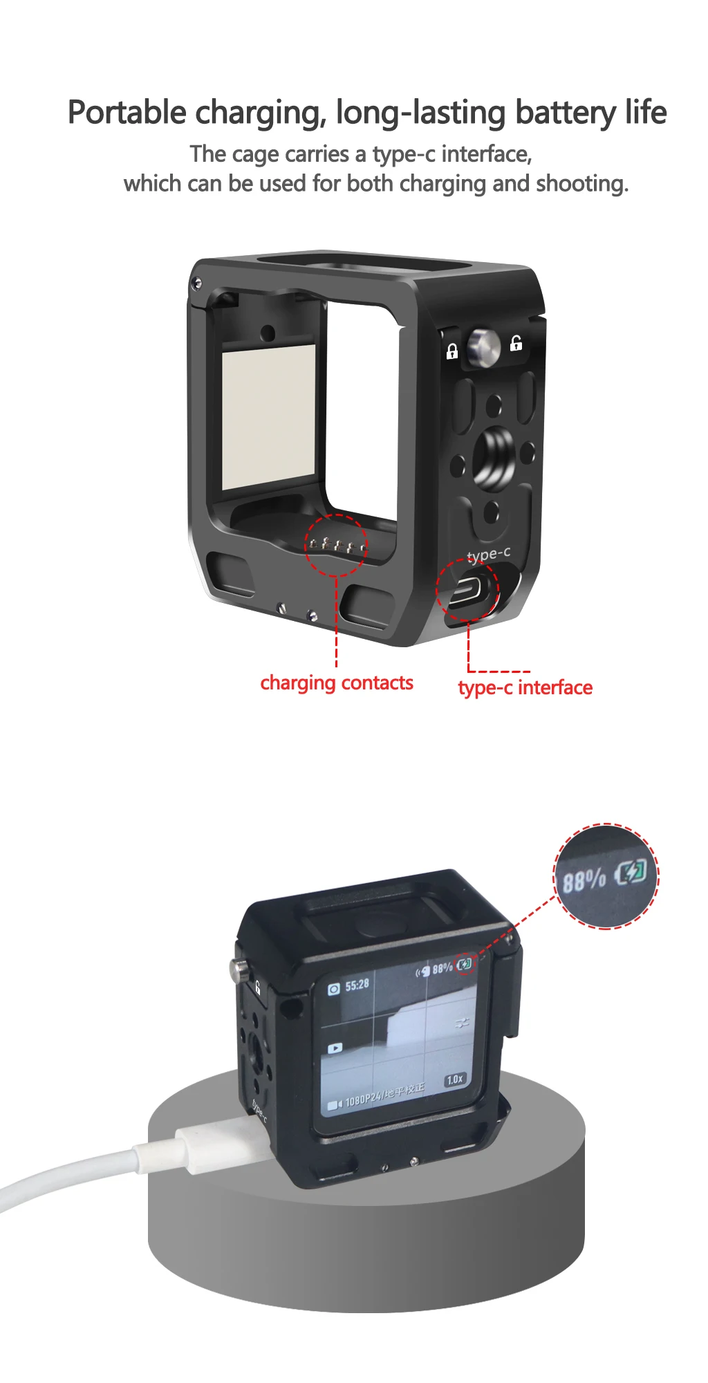 Magnetischer Action-Kamera-Käfig für DJI Action 2 Dual-Screen Vollkäfig mit Cold-Shoe-Halterung, 1/4 3/8 ARRI-Positionierungslöchern und Ladestation – Detail 33