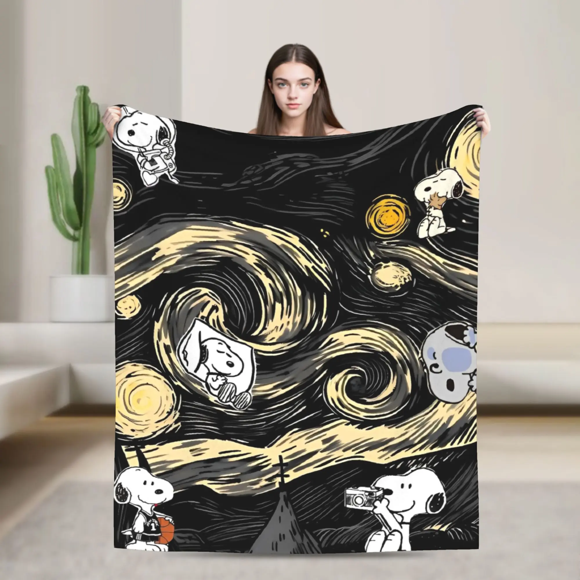 Snoopys Starry Sky Flannel Throw Blanket Cartoon Blanket for Bedding Bedroom Ultra-Soft Bed Rug,
