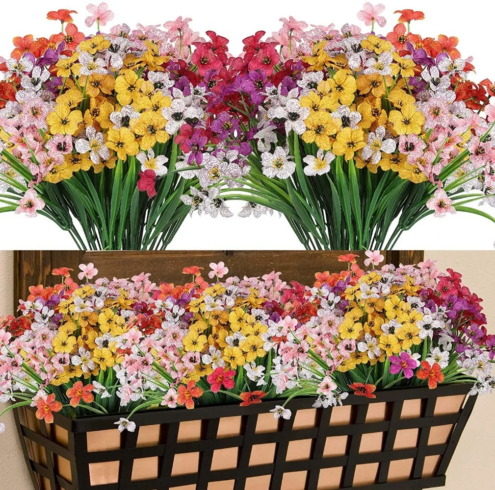 12 Bundles Artificial Flowers UV Resistant  No Fade Faux Plastic Plants for Indoor Outside Home Garden Porch Window Box Decor