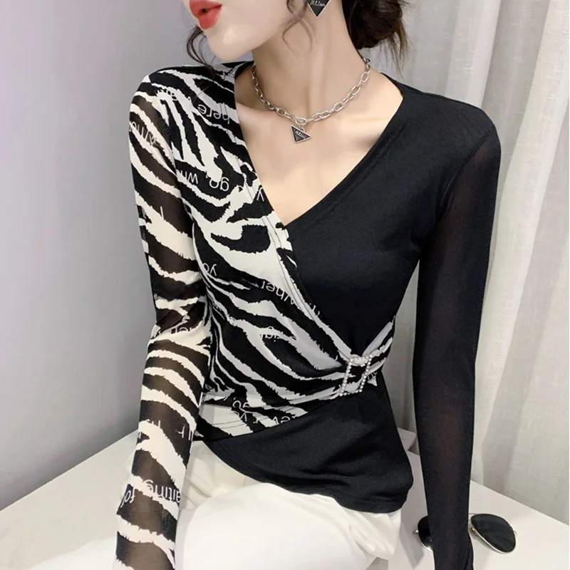 Sexy V-Ne Cross Long Sve T-Shirt Damen Me Top Faionable Leopardenmuster Base IRT Sli Slim Fit Herbst Winter