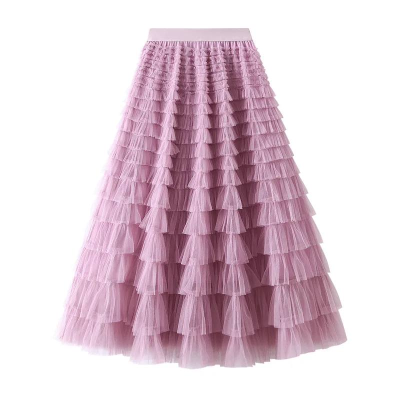 2026 New Women Lace Cake Ruffle Multi Layered Skirt Women Pleated Tutu Skirts Mid Length High Waist Ruffled Layered Long Skirts