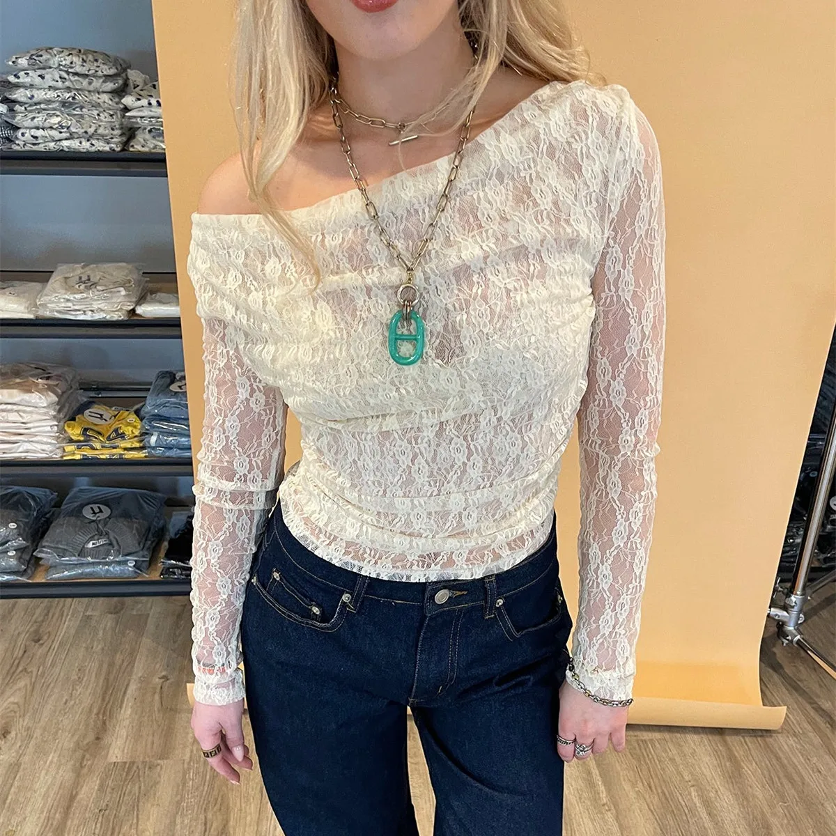 

hirigin Elegant Women Long Sleeve T-Shirts Lace See-Through Boat Neck Off Shoulder Shirts Spring Casual Slim Fit Tops Streetwear