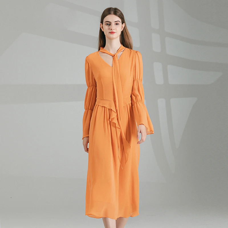 

Coral Orange Double Layer Georgi Mulberry Silk Neckline Long Sleeve Natural Swing Loose Leaf Swing Dress AY213