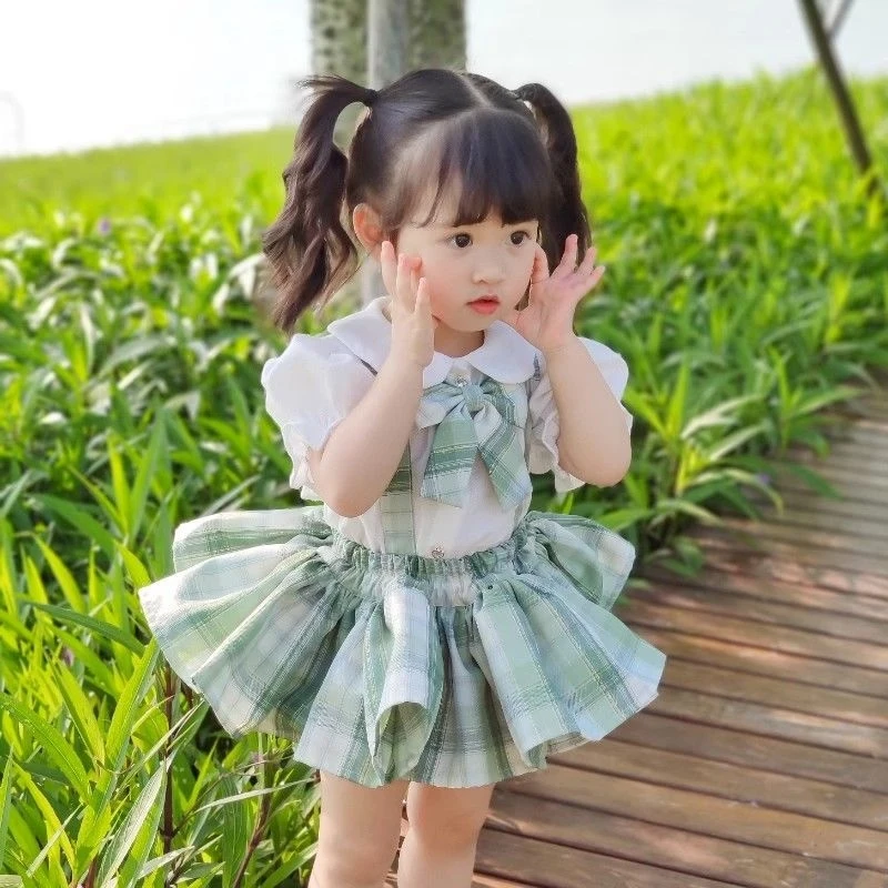 

GirlsjkUniform Set Summer New Style Summer Baby Girl College Style Two-Piece Set One-Year-Old Half-Length Plaid Skirt