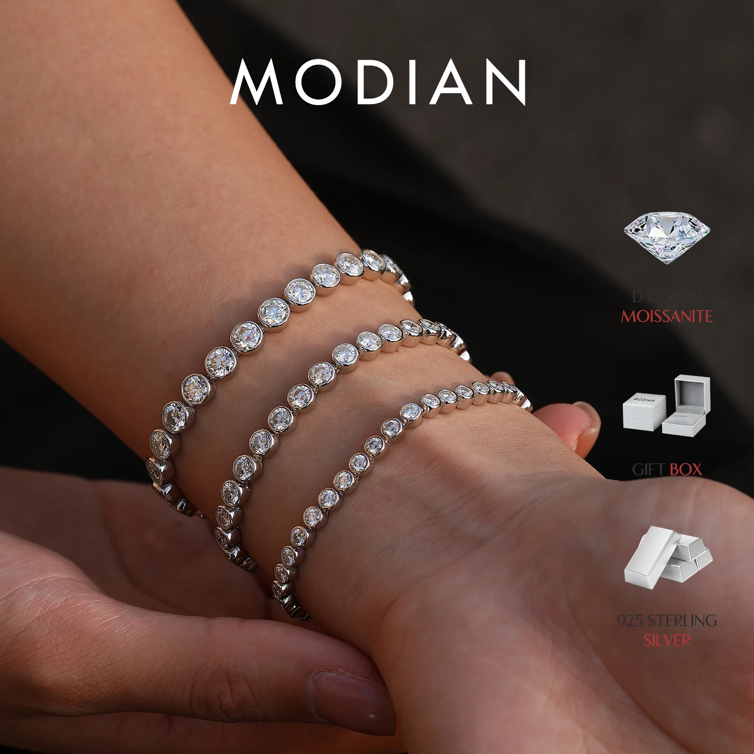 MODIAN D VVS1 Round Moissanite Tennis Bracelet 3mm/4mm/5mm 925 Sterling Silver Tennis Stackable Bracelets for Women Men Jewelry