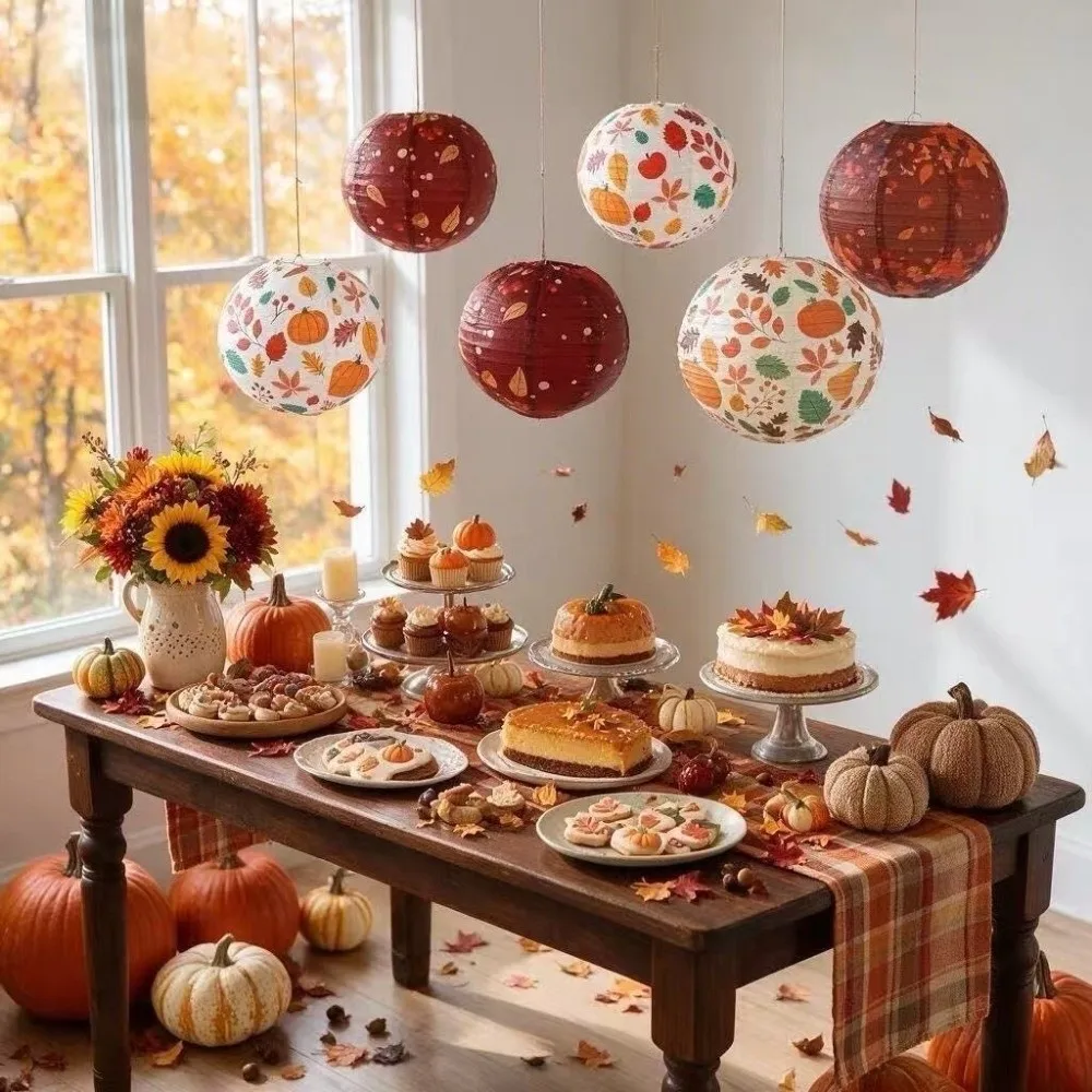 Creative Vintage Hanging Paper Lantern Maple Leaves Round Lantern Ball Handmade Good Luck Autumn Theme Lantern Mid Autumn