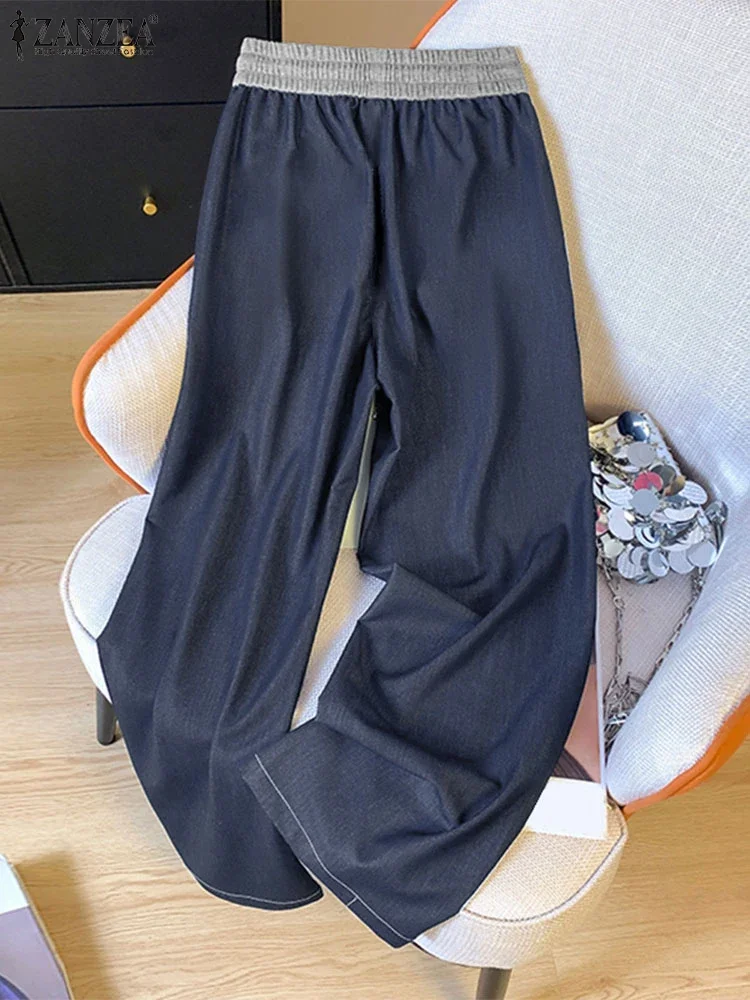 ZANZEA femmes Denim pantalon à jambes larges 2025 poches décontractées taille élastique pantalons longs mode plissé à lacets pantalon bas ample
