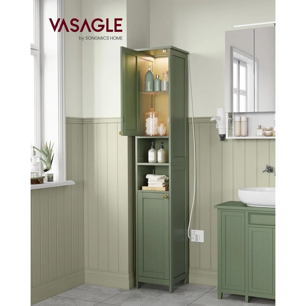 Illuminated Tall Bathroom Storage Cabinet with Adjustable Shelves for Compact Spaces
