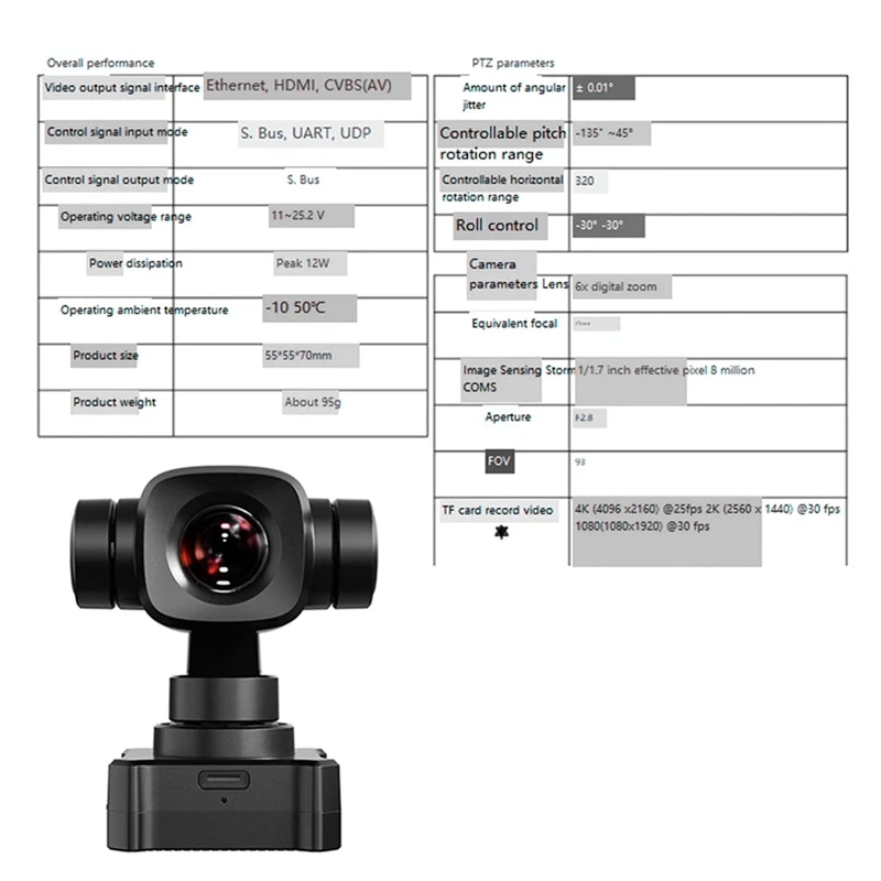 ل SIYI A8 Mini 4K AI 8MP كاميرا 6X التكبير الرقمي كاميرا ذات محورين مع DVR 1/1.7 بوصة سوني الاستشعار