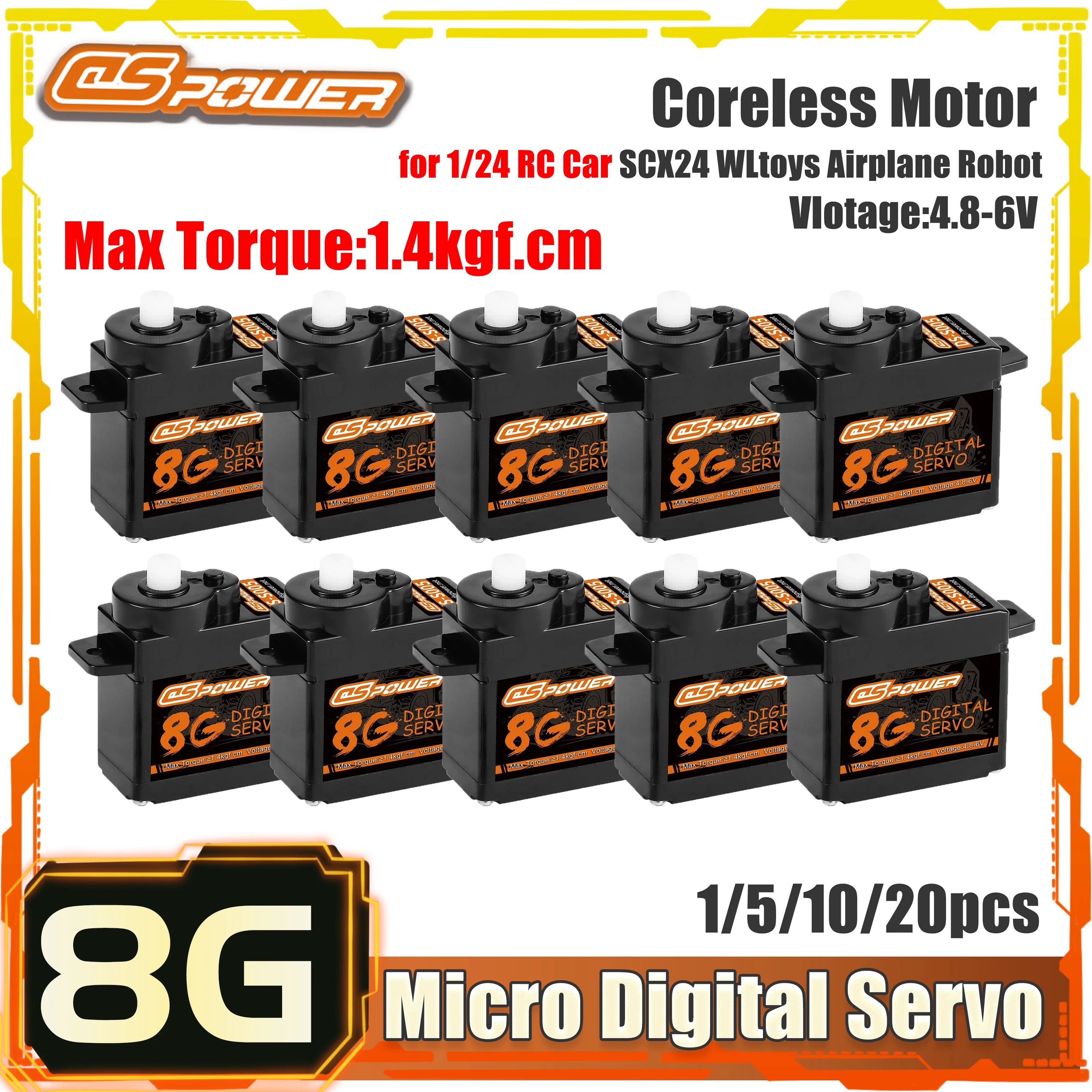 DSPOWER 8g Micro Digital Servo Waterproof Coreless Motor 1.4kgf.cm for 1/24 RC Mini Car SCX24 WLtoys K969 K999 Airplane Robot