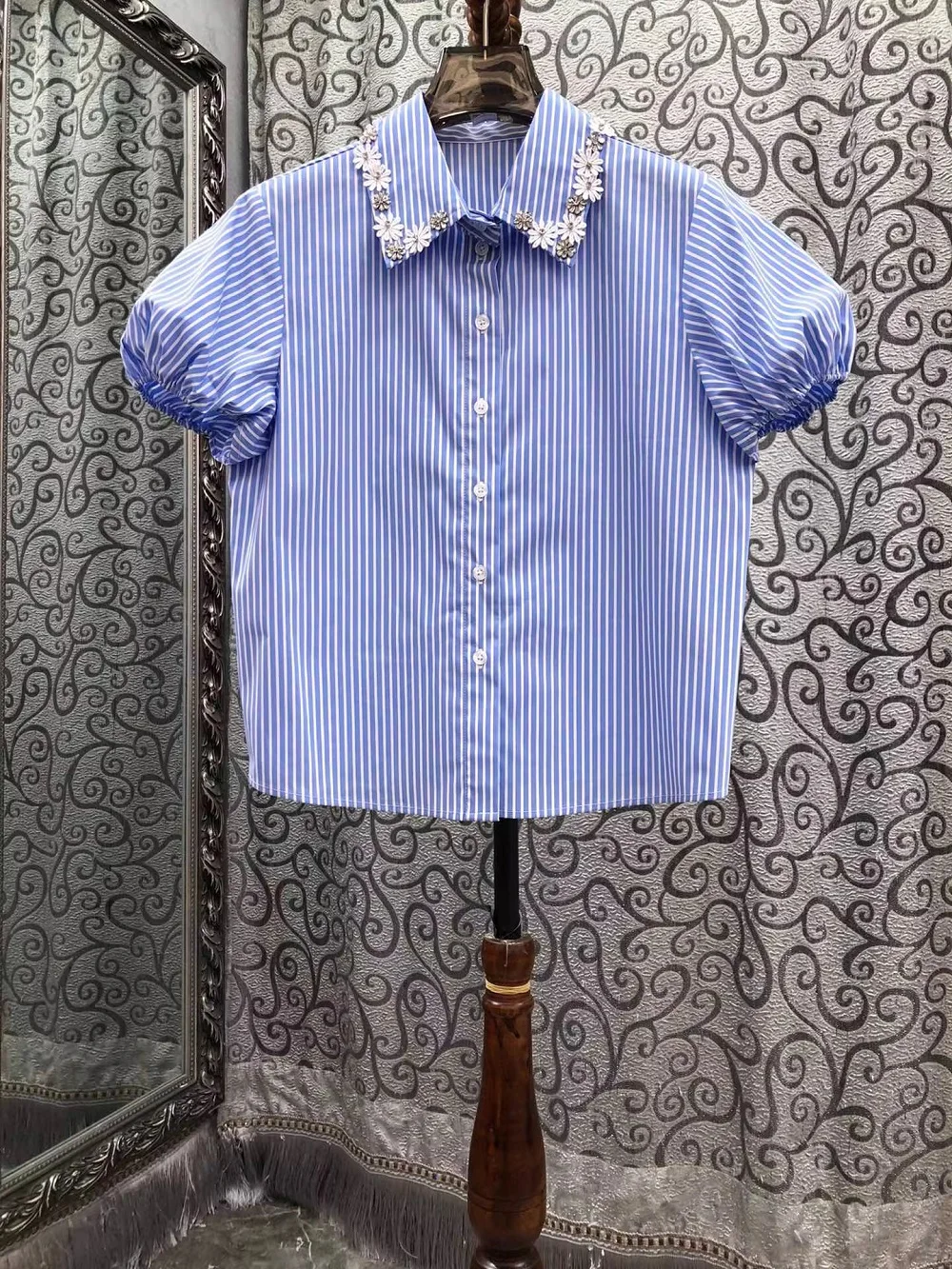 

Рубашки из 100% хлопка, модные блузки весна-лето 2026, женские, с бисером, отложным воротником, короткий рукав, повседневные, синие, белые, топы