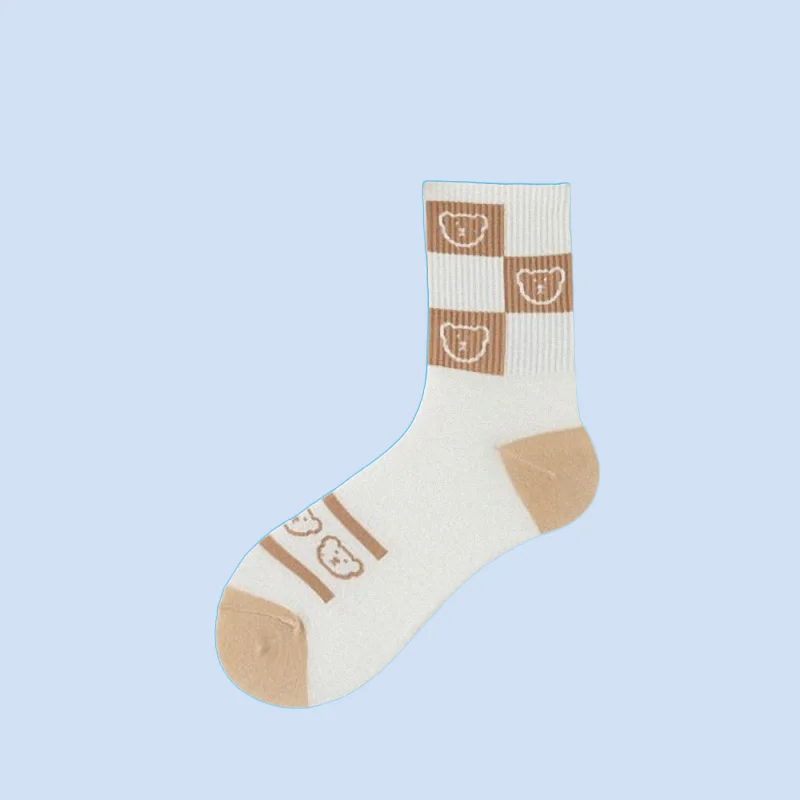 5/10 Pairs Spring Socks Women's Middle-Tube Socks ins Trendy Beige Women's Socks Cute Japanese Cotton Socks Cartoon Bear Socks