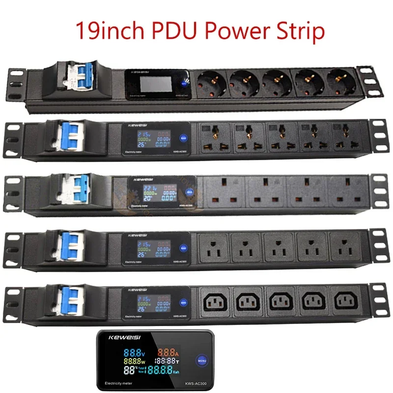 19Inch Cabinet Mount PDU Power Strip EU US UK C13 Universal Socket LCD Digital Voltmeter Ammeter Wattmeter 16A/32A Air Switch