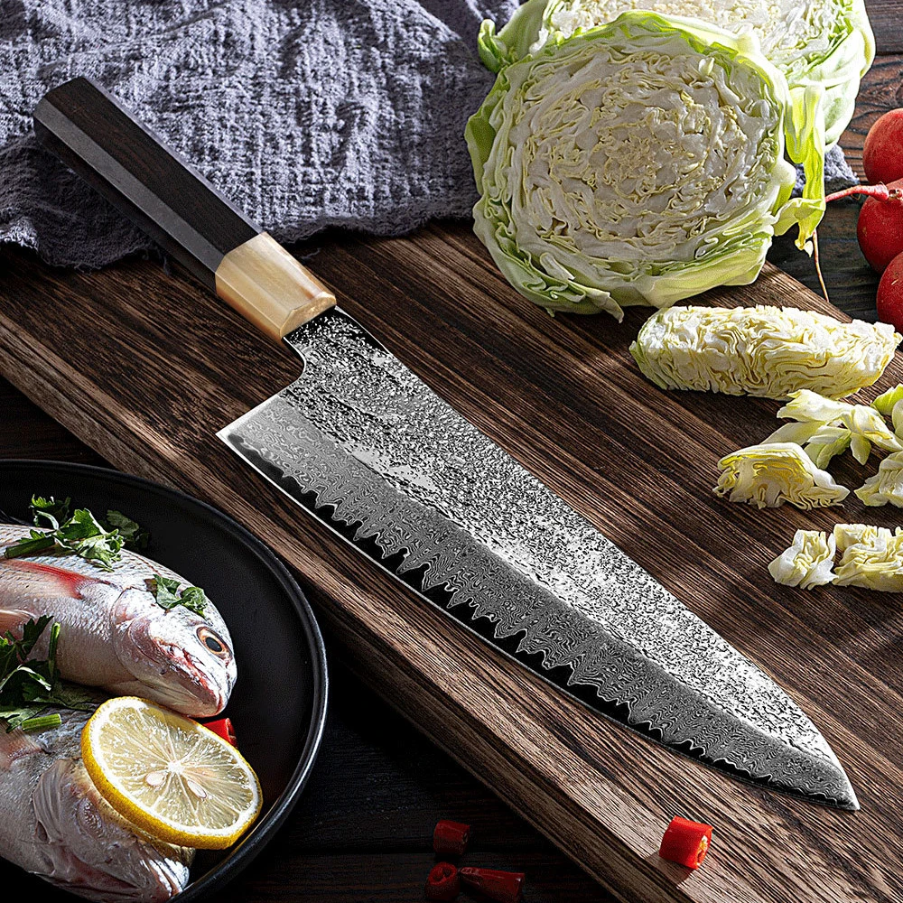 8.3 Inch Deba Knife Double-edged Blade Damascus Steel Chef Slicing Sushi Cleaver Handmade Kitchen Knife Ox Horn & Wood Handle