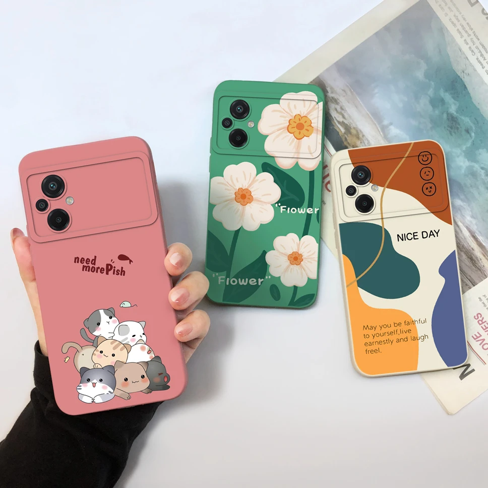 For Xiaomi Poco M5 Case Beautiful Flower Cat Smooth Liquid Silicone Protective Back Cover For Xiaomi Poco M 5 Fundas Capa 6.58