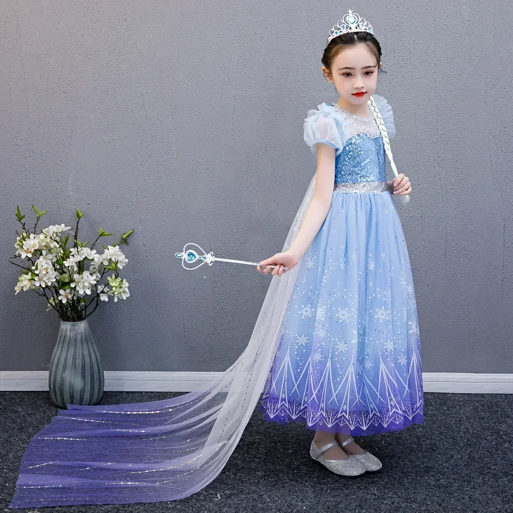 2024 Elsa Costumes for Girls Snow Queen Ball Gown Sequined Mesh Carnival Party Vestidos Birthday Princess Elsa Dress 4-10 Years