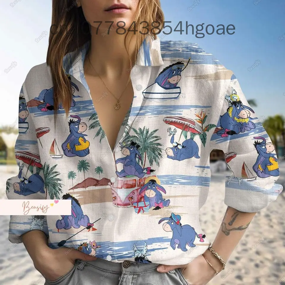 New Disney Eeyore Women's Long sleeved Shirt Fashionable and Elegant Button Shirt Disney Hawaii Y2K Casual Women's Shirt