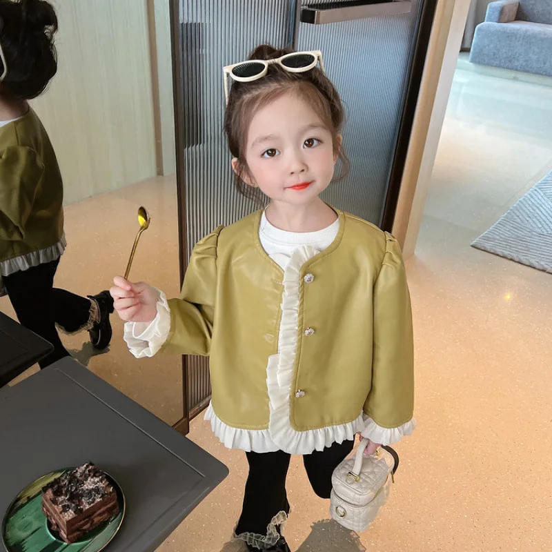 Girls Outerwear Spring and Autumn New Style Western Style Small Fragrant Leather Robe Daily Casual Versatile Temperament