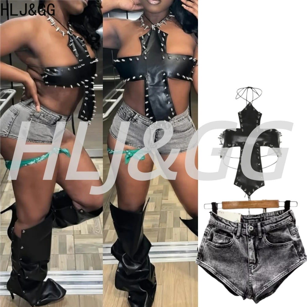 

HLJ&GG Y2K Sexy Hot Girl Halter Backless Lace Up Two Piece Sets Women Leather Rivets Crop Top And Denim Shorts Outfit Streetwear