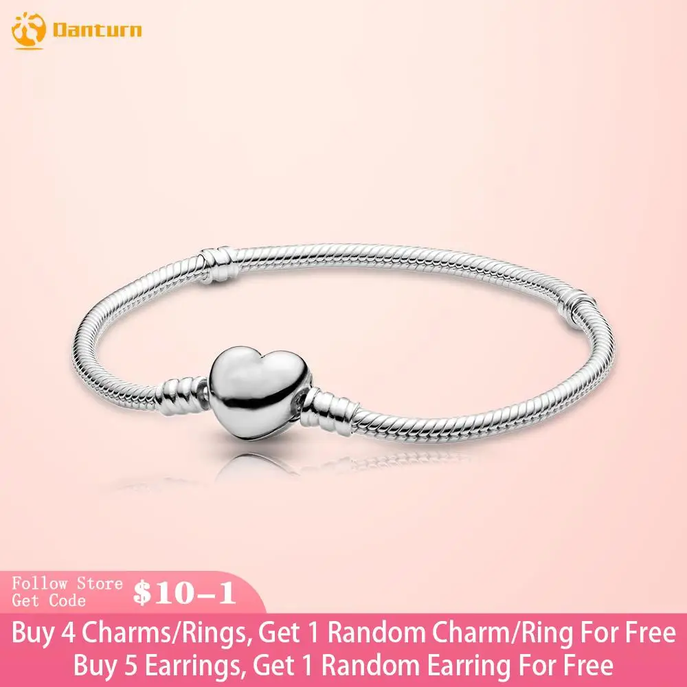 Danturn Authentic 925 Sterling Silver Bracelet Heart Clasp Snake Chain Bracelet for Women Jewelry Making Birthday Gift