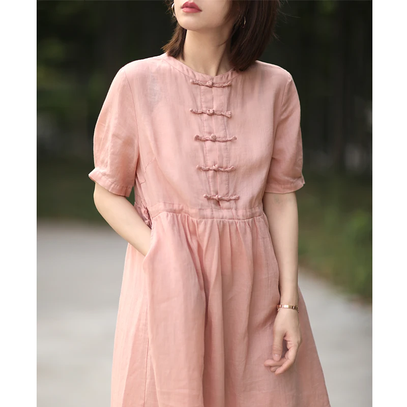 

Women Loose Vintage Short Sleeved Dress 2024 Summer Solid Stand Collor High Waist Cotton Dress Holiday Comfortable Clothes X1084