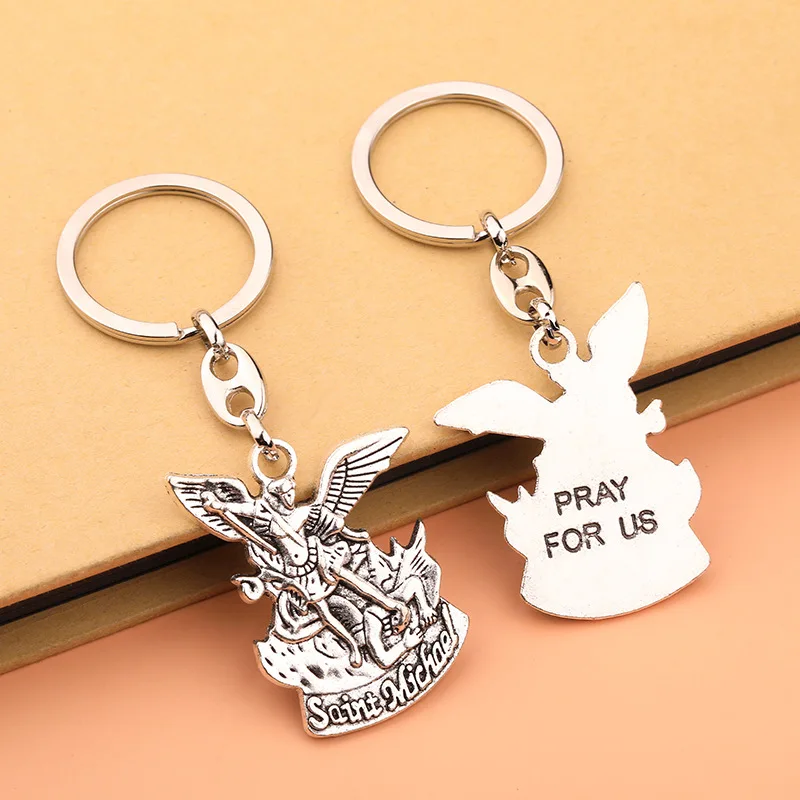 Silver Angel Saint Michael Archangel Keychain Pendant for Keys Catholic Christ Pray For Us Key Ring Religious Souvenir Gift