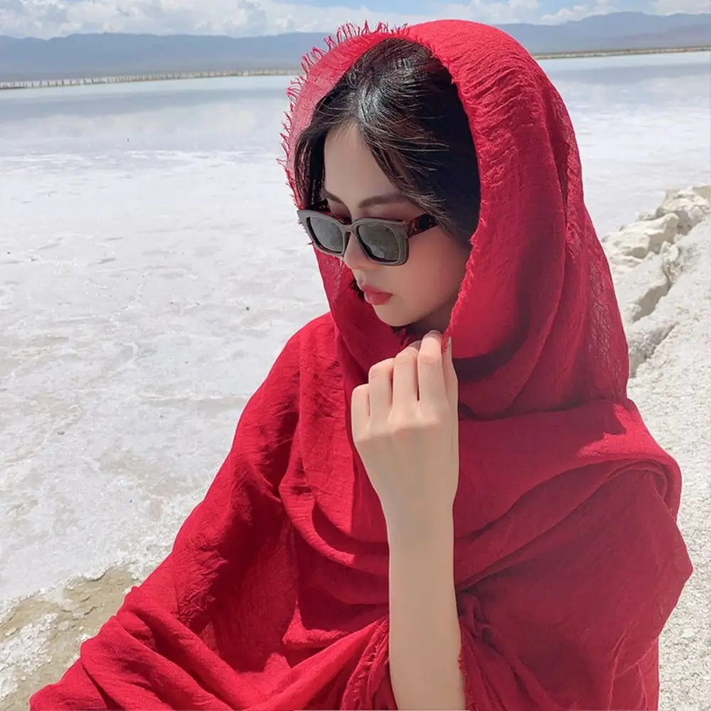 Fashion Seaside Travel Wine Red Scarf Women Shawl Llinen Fabric Long Scarves Wraps Outdoor Beach Scarf