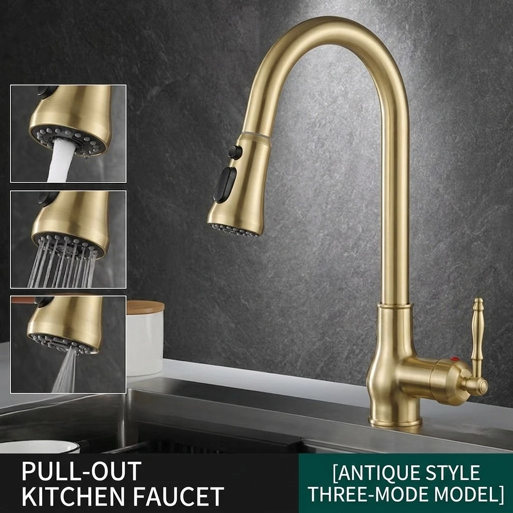 

2026 Articulated Faucet Kitchen Sink Mixer Tap Only Antique Bronze Pull Out Crane 3 in 1 Water Hot Cold With Sprayer Accessory