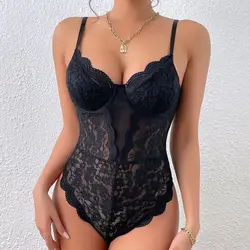 Women Elegant V-neck Jumpsuits One Piece Outfits Bodycon Bodysuit Slim Sexy See-through Shapewear BodyShaper Lace Halter Onesies