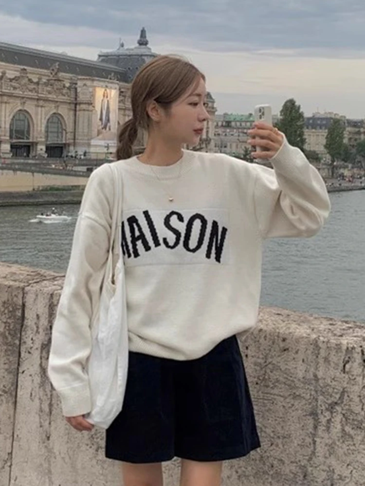 Chic automne hiver paresseux Sle rond Ne lettre imprimer ample décontracté tricoté Long Sve femmes pull confortable respirant