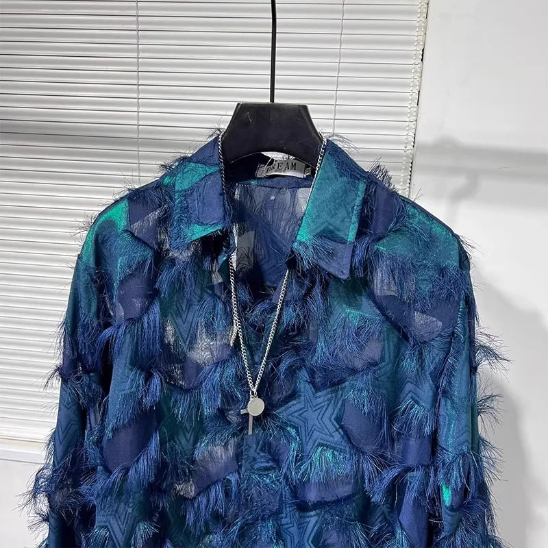 

Casual Long Sve Men's irt Nightclub Hairst Faion Brand Summer Personalized Fringe Design Semi-Transparent Sun Pro...