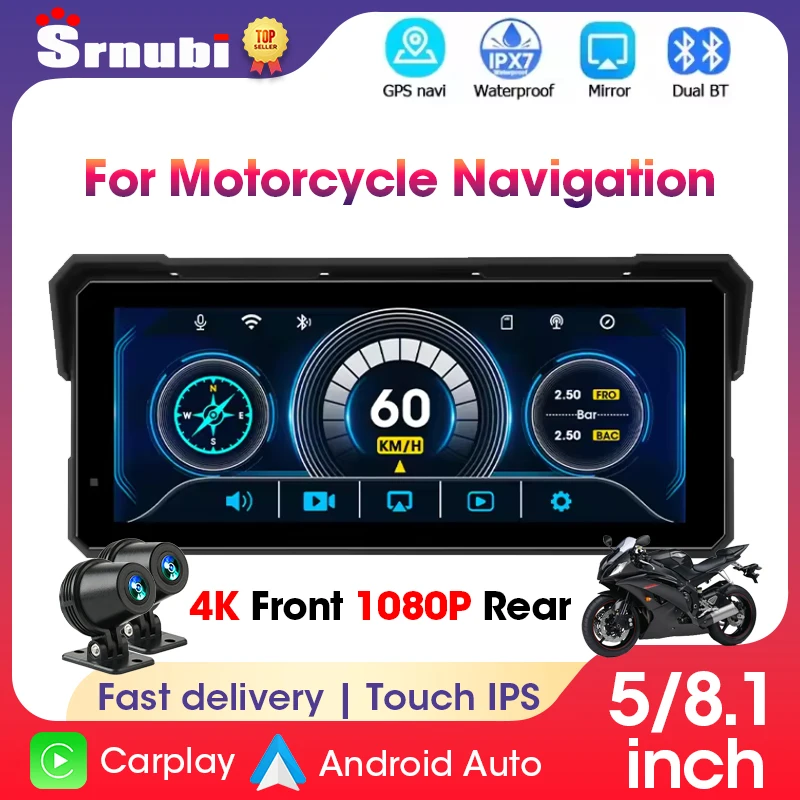 

5/8.1 inch 4K+1080P Motorcycle Carplay GPS Navigation Dual Lens Wireless Carplay Android Auto IPX7 Waterproof Moto DVR Display