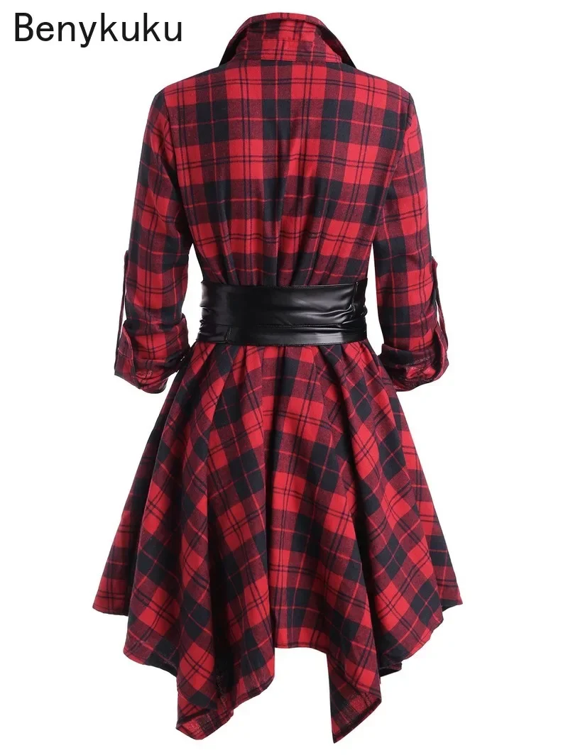 Gothic Casual Dress Women Red Plaid Belted Roll Tab Sleeve Handkerchief Dress Vestidos Autumn Long Sleeve A-Line Party Dress